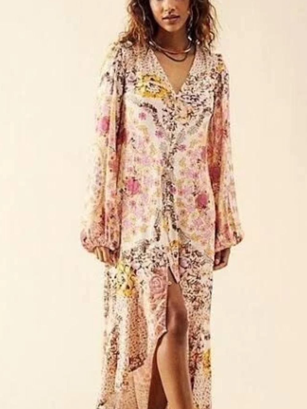 Free People Floral Midi Dress in Yellow, Purple, Brown, Ivory